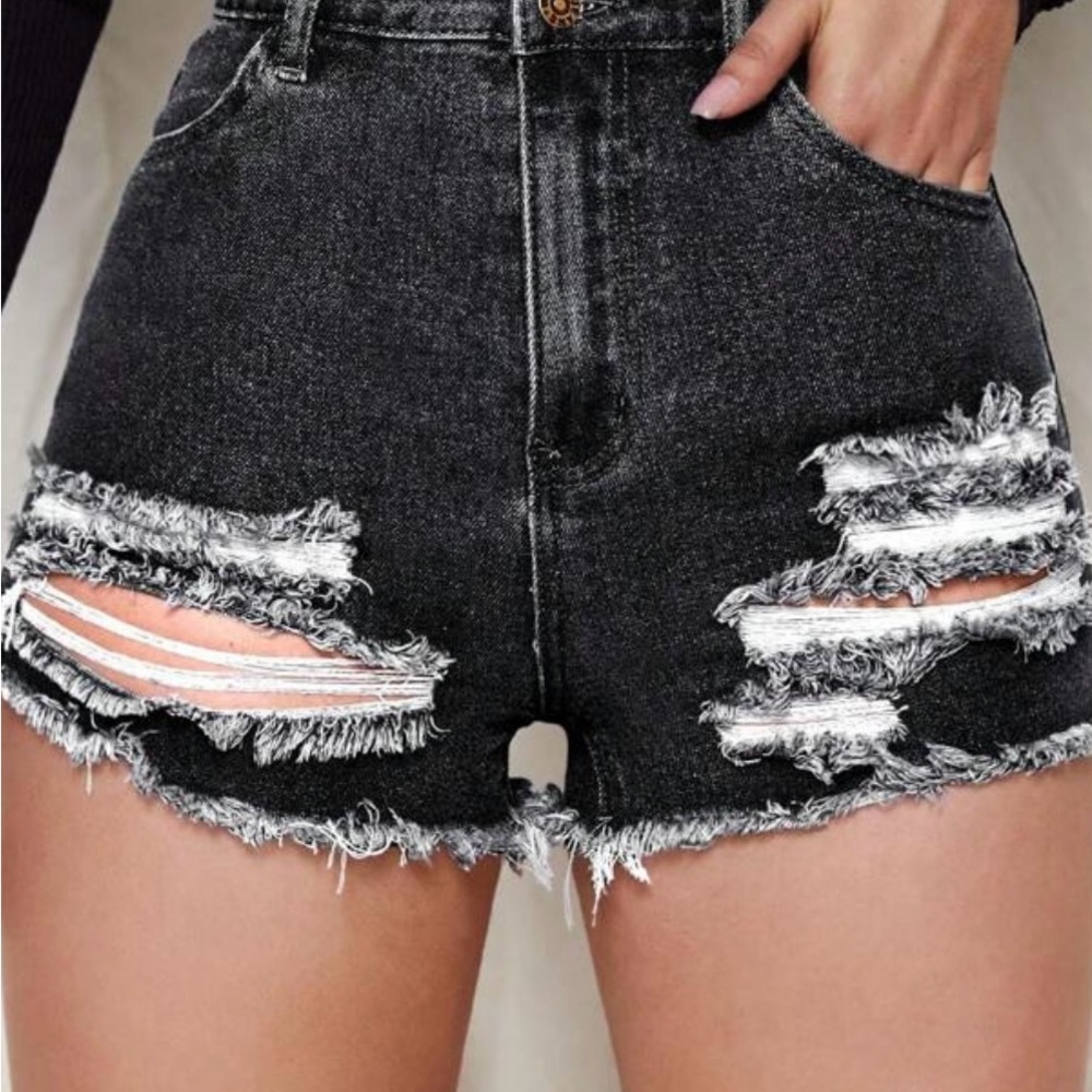 Edgy Black Distressed Denim Shorts New